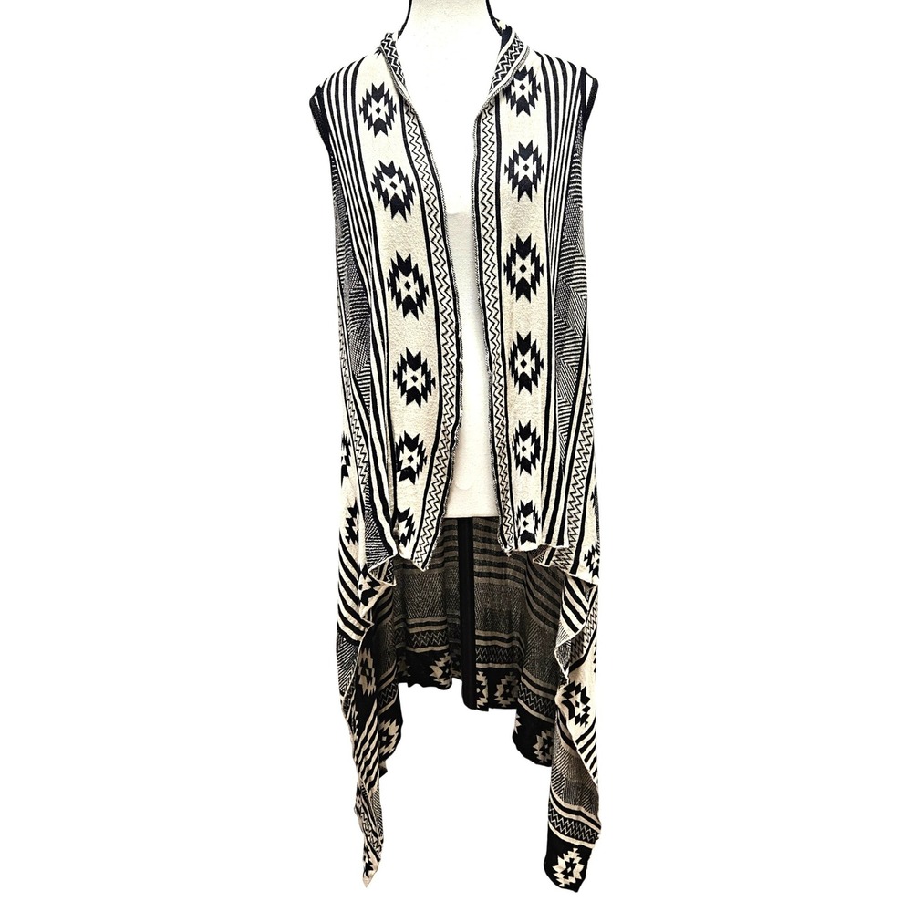 Sisters Cardigan Vest Women S/M Black Cream Southwestern Aztec Knit Duster Boho
